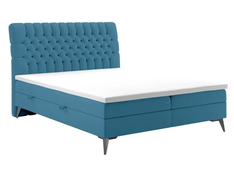 Łóżko kontynentalne BETAFO 180 ciemno niebieskie velvet z pojemnikiem i materacem | MIRAT. styl GLAMOUR