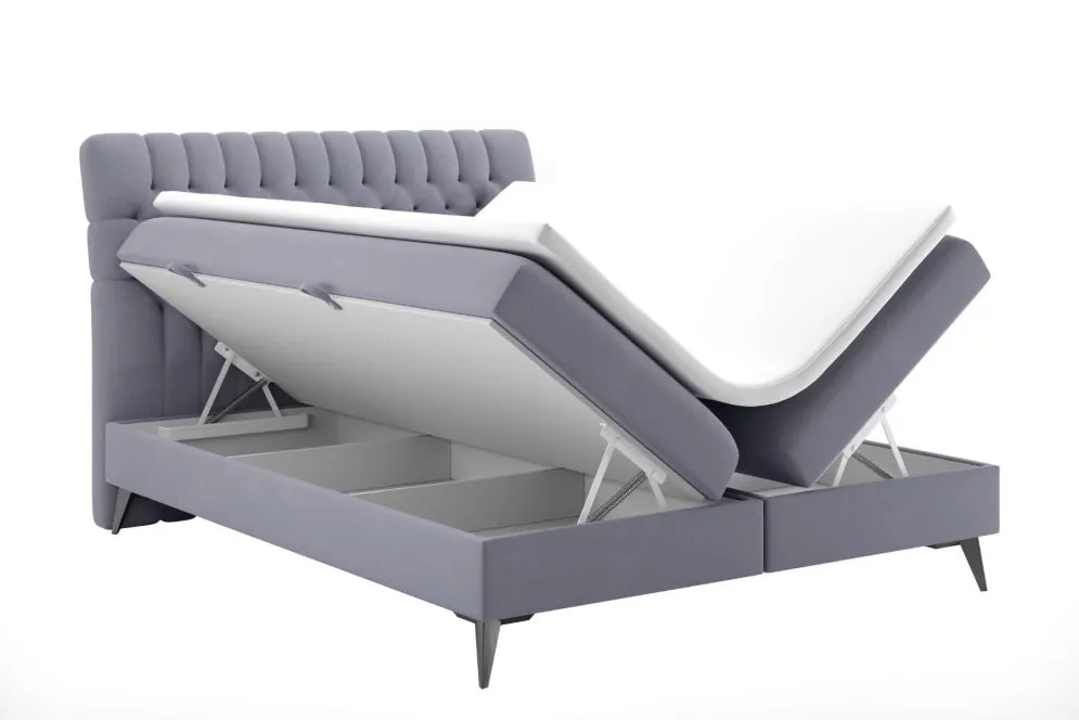 Łóżko kontynentalne BETAFO 160 ciemno niebieskie velvet z pojemnikiem i materacem | MIRAT. styl GLAMOUR