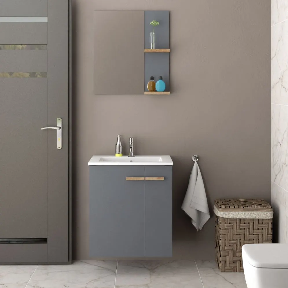 Lustro łazienkowe L-WOOD 59 cm antracyt z półkami dąb castello | MIRAT kolekcja L-WOOD