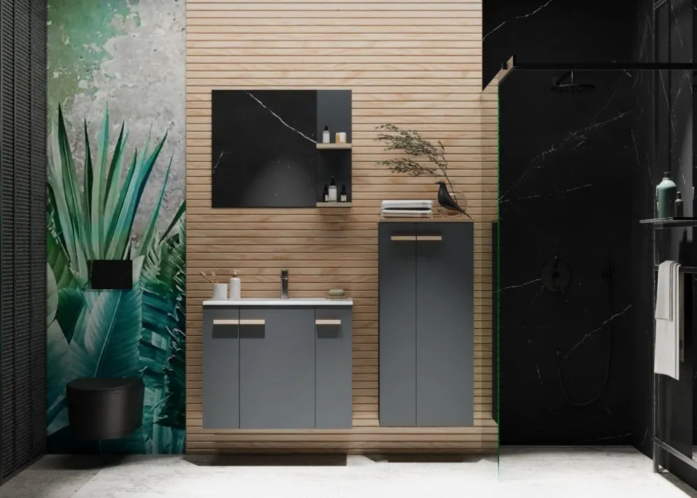 Lustro łazienkowe L-WOOD 59 cm antracyt z półkami dąb castello | MIRAT kolekcja L-WOOD