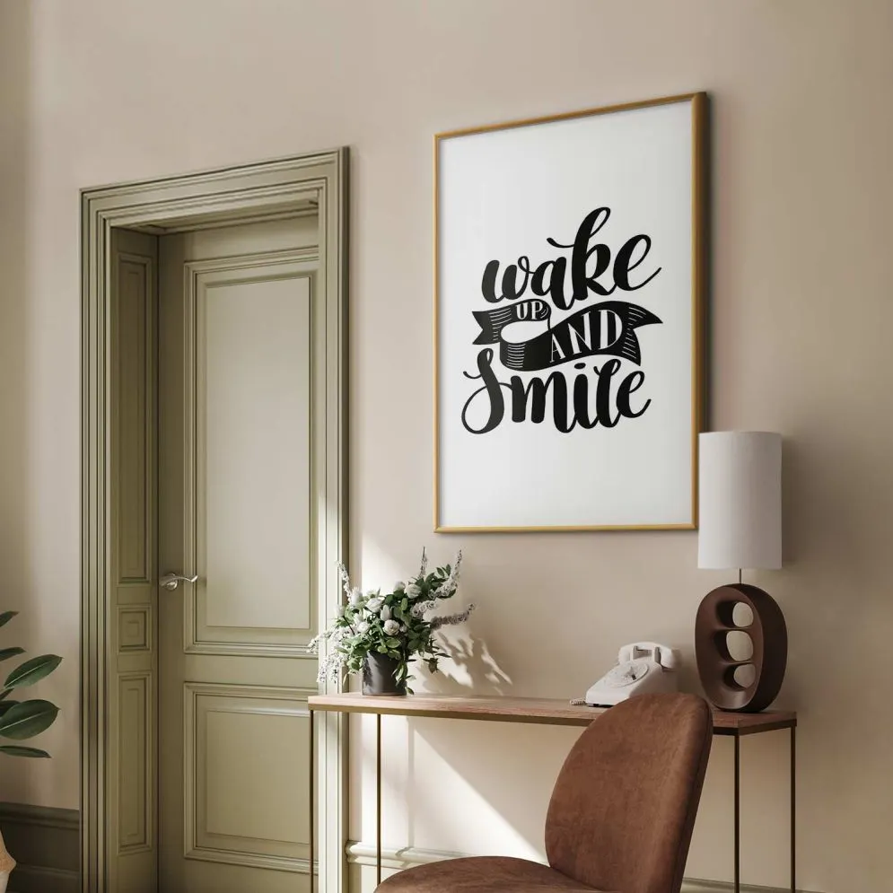 Plakat Wake up and smile 21x30 cm z ramą złotą z marginesem | MIRAT.