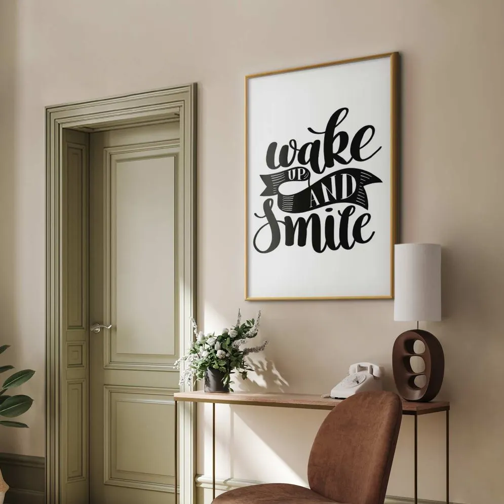 Plakat Wake up and smile 29,7x42 cm z ramą złotą bez marginesu | MIRAT.