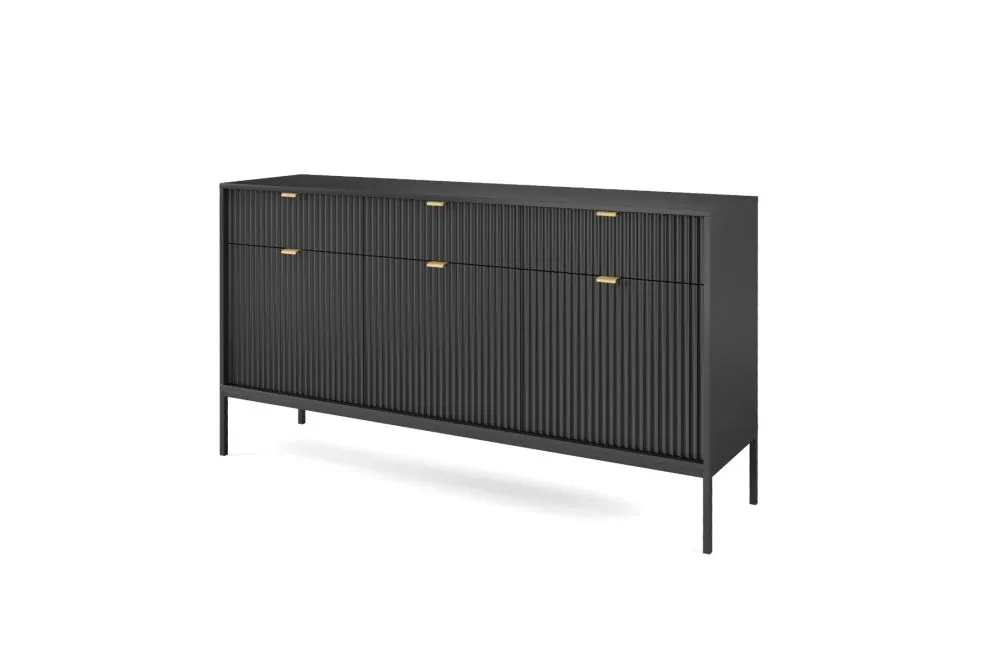 Komoda MILONA 3D3S 154 cm czarna mat I sklep meblowy MIRAT. styl GLAMOUR, RYFLOWANY kolekcja MILONA