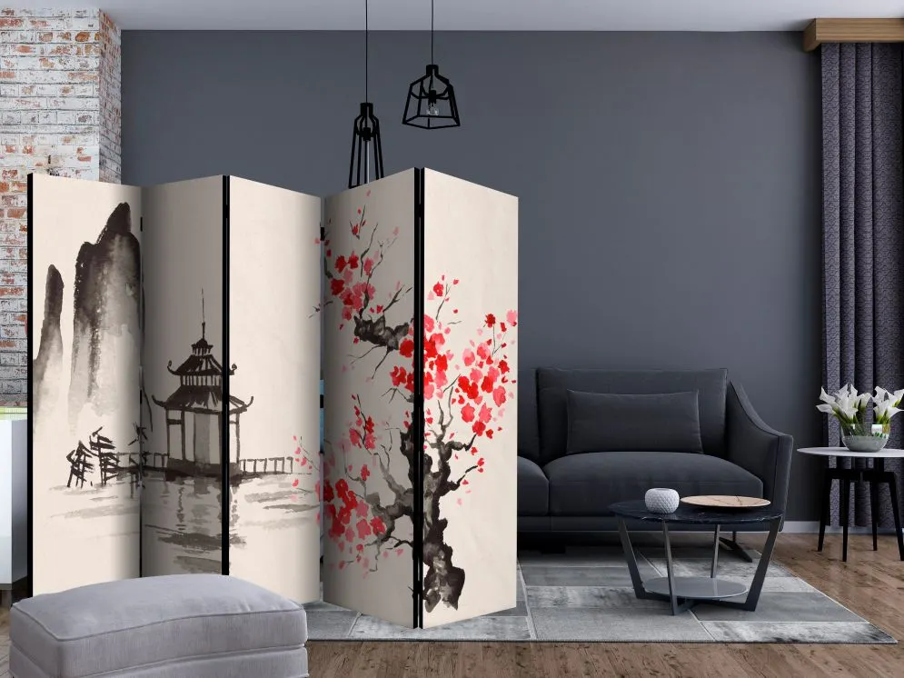 Parawan jednostronny Orient 225x172 cm 5-częściowy beżowy | MIRAT.