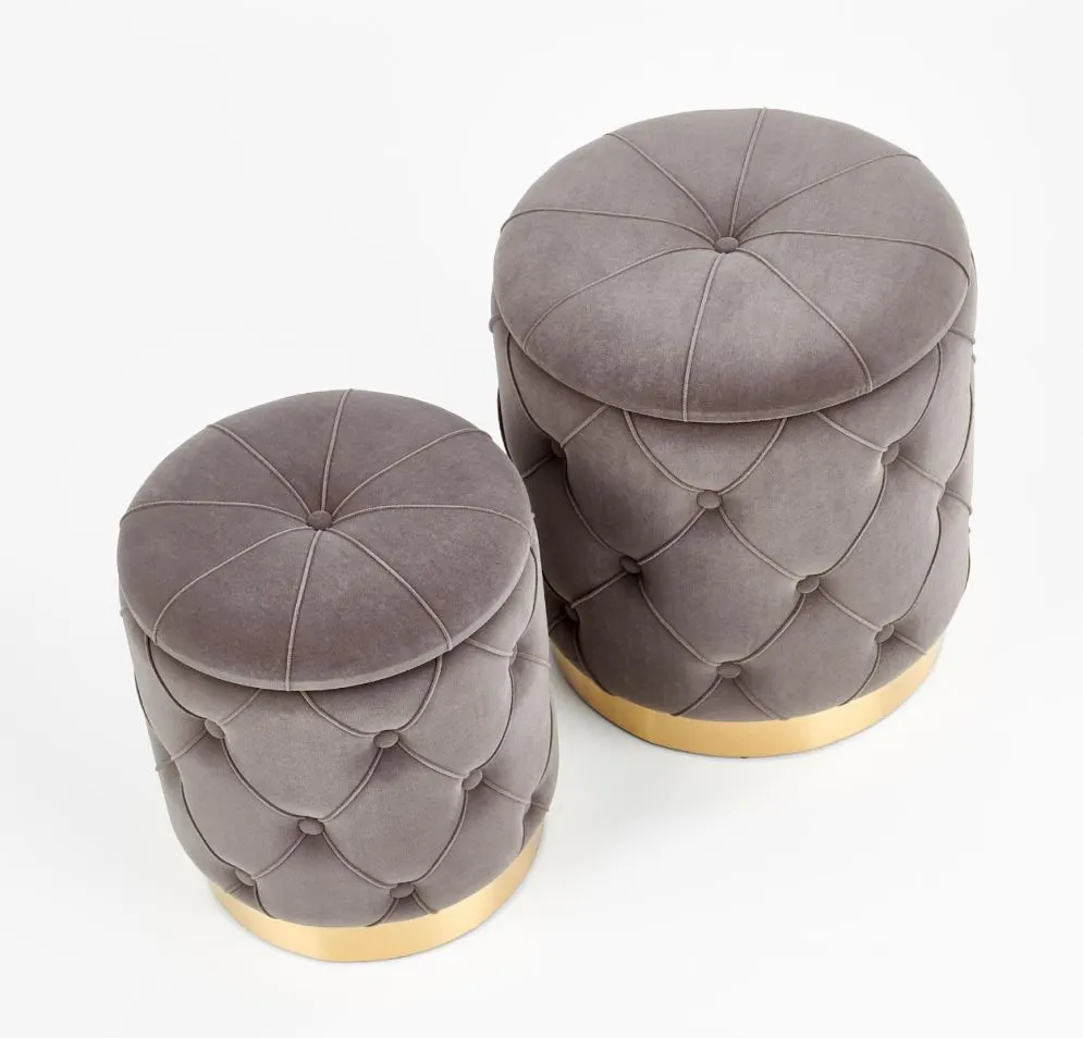 Zestaw pufa POLLY VELVET szary pikowany na złotej podstawie | MIRAT. styl GLAMOUR