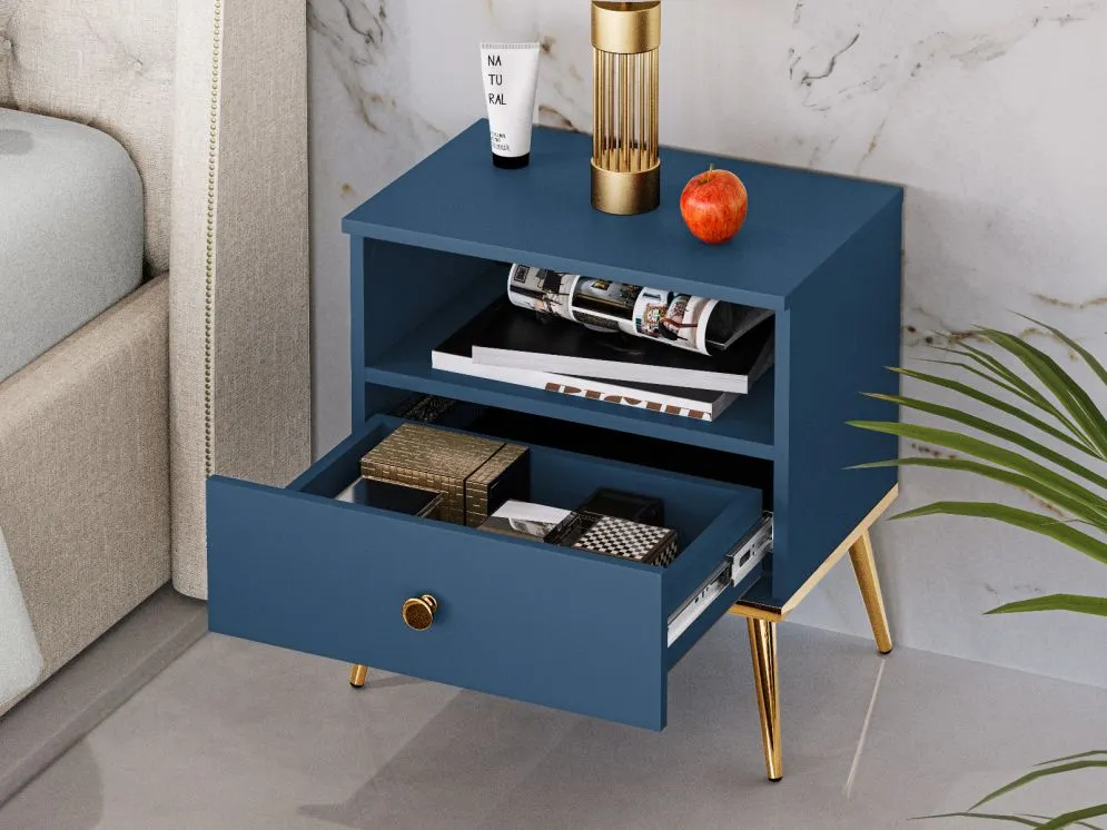 Szafka nocna BLU granatowa z szufladą do sypialni I sklep meblowy MIRAT. styl GLAMOUR kolekcja BLU