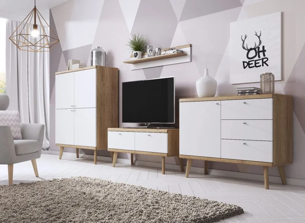 Komoda VIVIERA 4 dąb/biała czterodrzwiowa | MIRAT. w stylu SKANDYNAWSKI kolekcja VIVIERA
