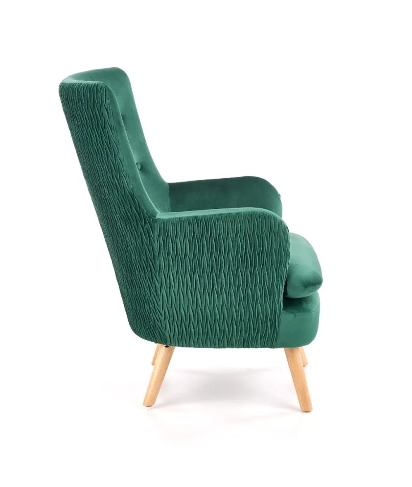 Fotel RAVEL VELVET ciemno zielony/naturalne drewno pikowany | MIRAT.