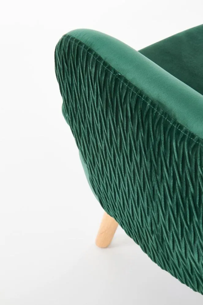Fotel RAVEL VELVET ciemno zielony/naturalne drewno pikowany | MIRAT.