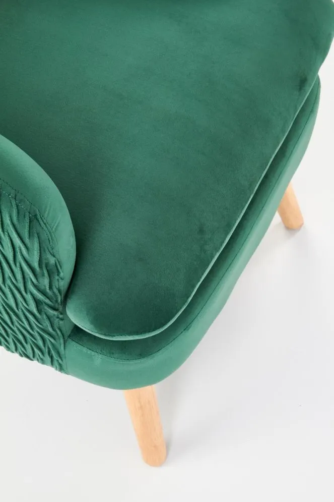 Fotel RAVEL VELVET ciemno zielony/naturalne drewno pikowany | MIRAT.