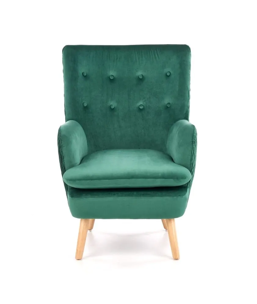 Fotel RAVEL VELVET ciemno zielony/naturalne drewno pikowany | MIRAT.