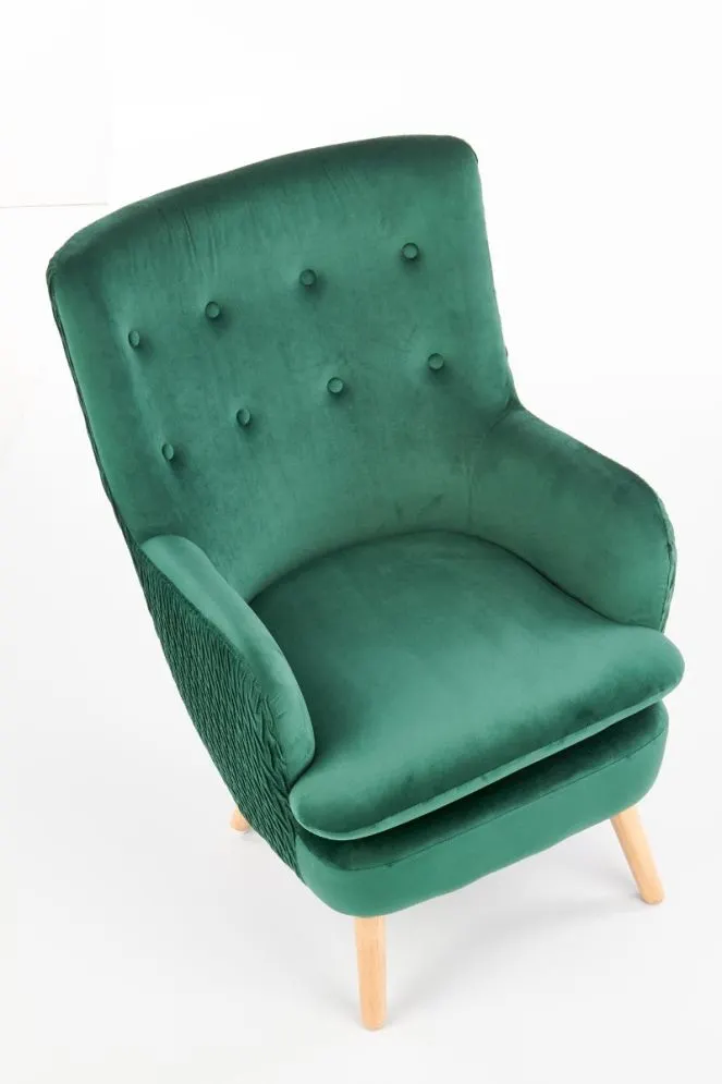 Fotel RAVEL VELVET ciemno zielony/naturalne drewno pikowany | MIRAT.
