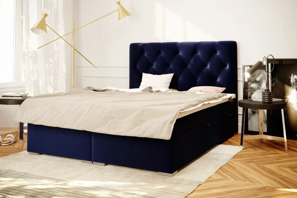 Łóżko kontynentalne INTENSO 160 granatowe velvet do sypialni | MIRAT. styl GLAMOUR