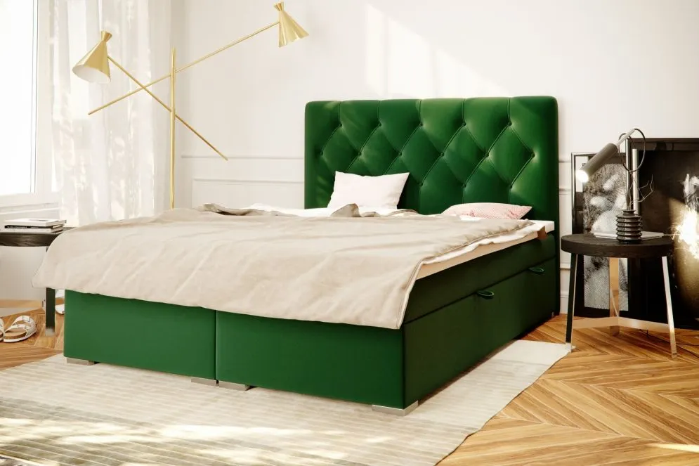 Łóżko kontynentalne INTENSO 180 zielone velvet tapicerowane aksamitem | MIRAT. styl GLAMOUR