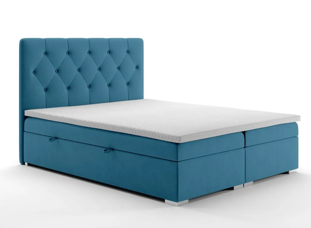 Łóżko kontynentalne INTENSO 180 ciemno niebieskie velvet z pojemnikiem i materacem | MIRAT. styl GLAMOUR