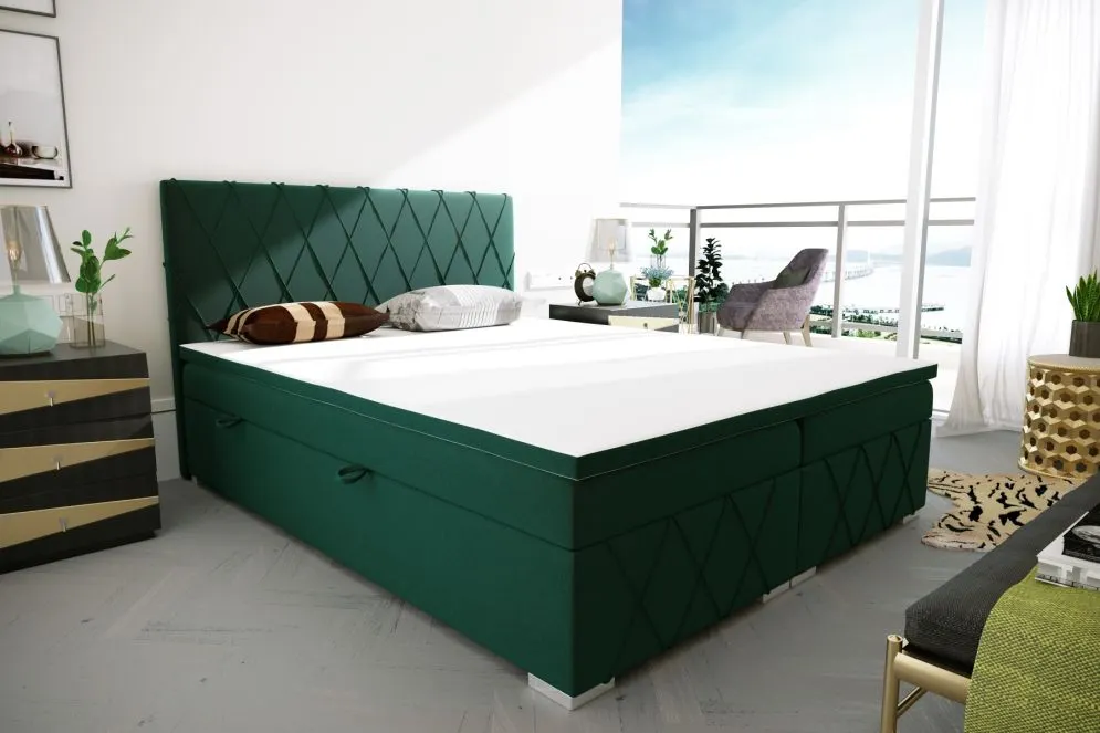 Łóżko kontynentalne AVELA 180 zielone velvet z pojemnikiem tapicerowane | MIRAT. styl GLAMOUR