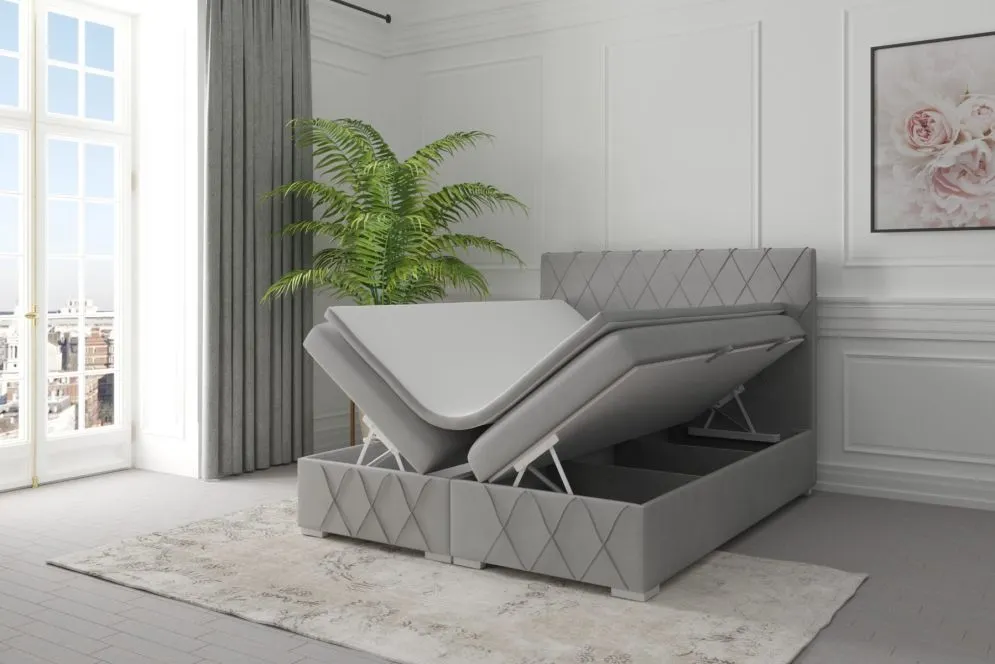 Łóżko kontynentalne AVELA 140 granatowe velvet z pojemnikiem do sypialni | MIRAT. styl GLAMOUR