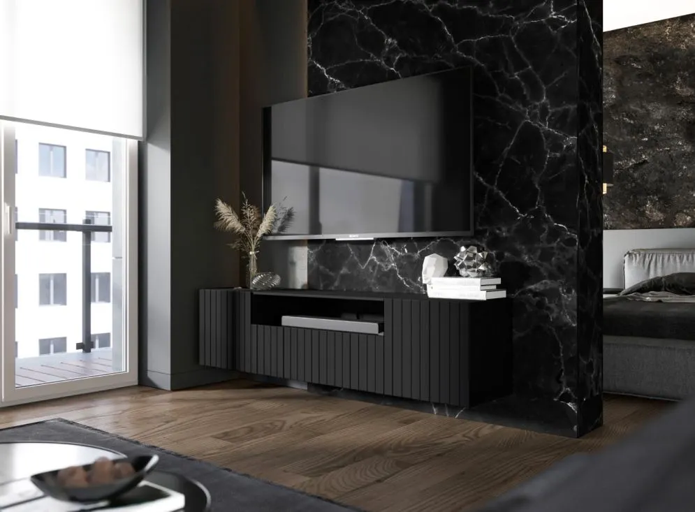 Szafka RTV TAL 2D1K 2 150cm wisząca czarna mat do salonu I sklep meblowy MIRAT. styl LOFT, RYFLOWANY kolekcja TAL