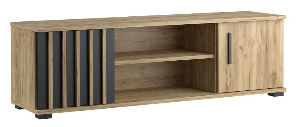 Szafka RTV KALI 140 czarna/dąb craft do salonu I sklep meblowy MIRAT. styl LOFT, RYFLOWANY