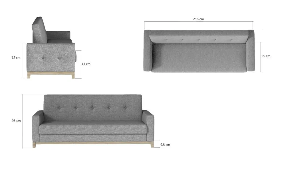 Sofa rozkładana z funkcją spania SELENE szara na drewnianych nogach | MIRAT.