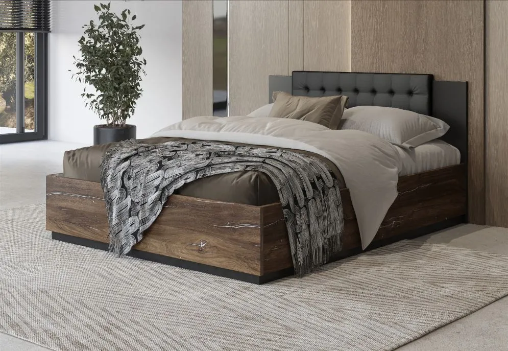Łóżko SIGMA 140x200 dąb flagstaff srebrny/czarny mat z tapicerowanym zagłówkiem I sklep meblowy MIRAT. styl LOFT, SKANDYNAWSKI