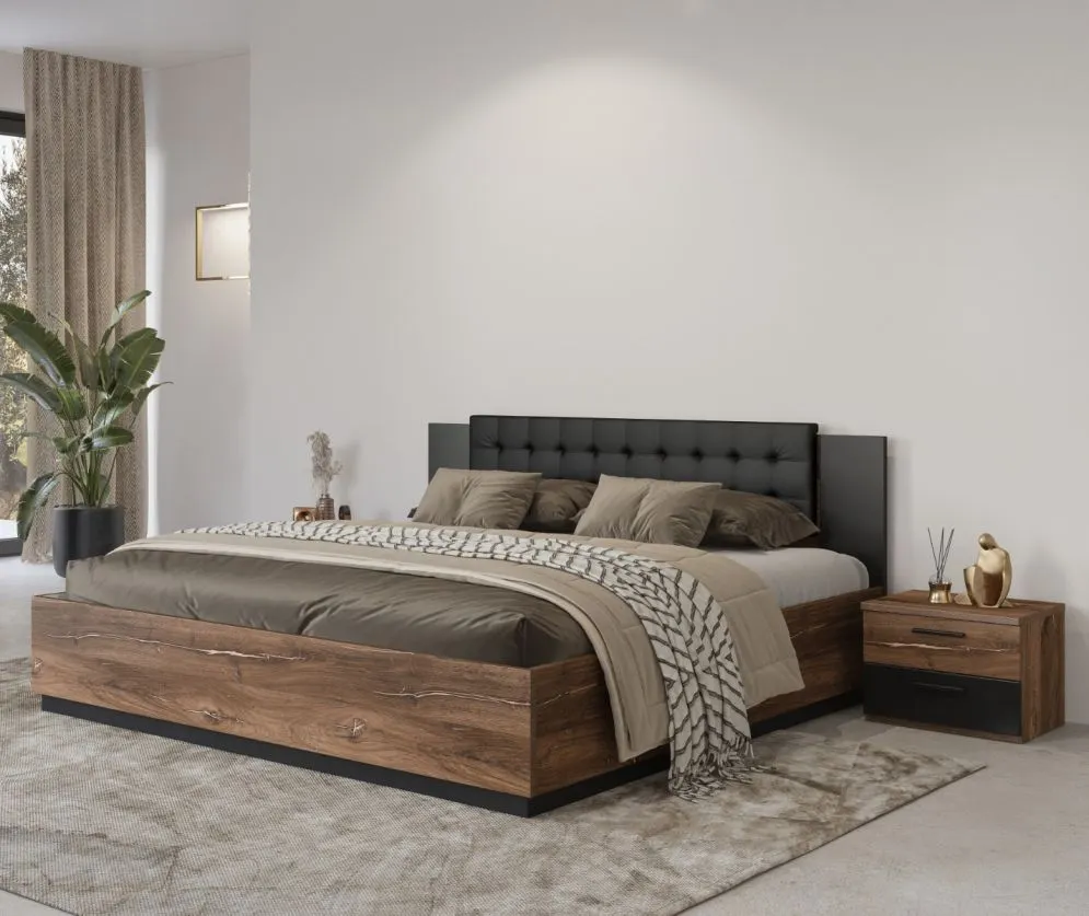 Łóżko SIGMA 140x200 dąb flagstaff miedziany/czarny mat z tapicerowanym zagłówkiem I sklep meblowy MIRAT. styl LOFT, SKANDYNAWSKI