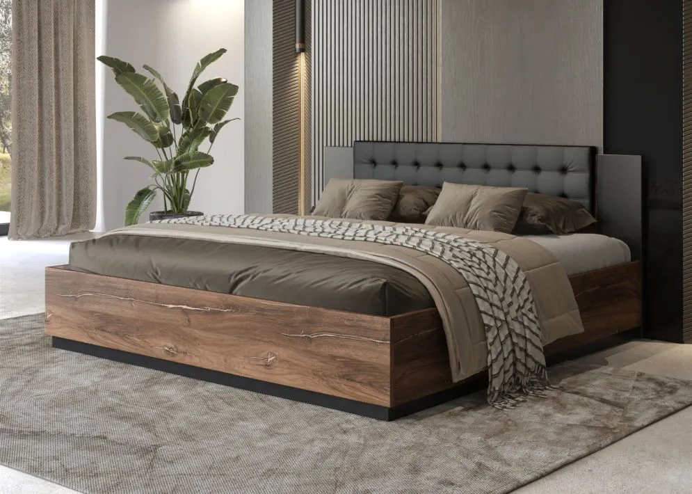 Łóżko SIGMA 180x200 dąb flagstaff miedziany/czarny mat z pojemnikiem I sklep meblowy MIRAT. styl LOFT, SKANDYNAWSKI