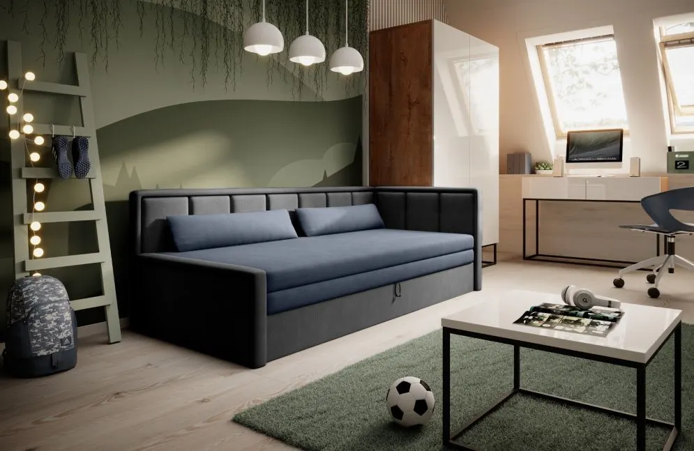 Welurowa sofa rozkładana z funkcją spania FULGEO szara/granatowa prawa I sklep meblowy MIRAT.