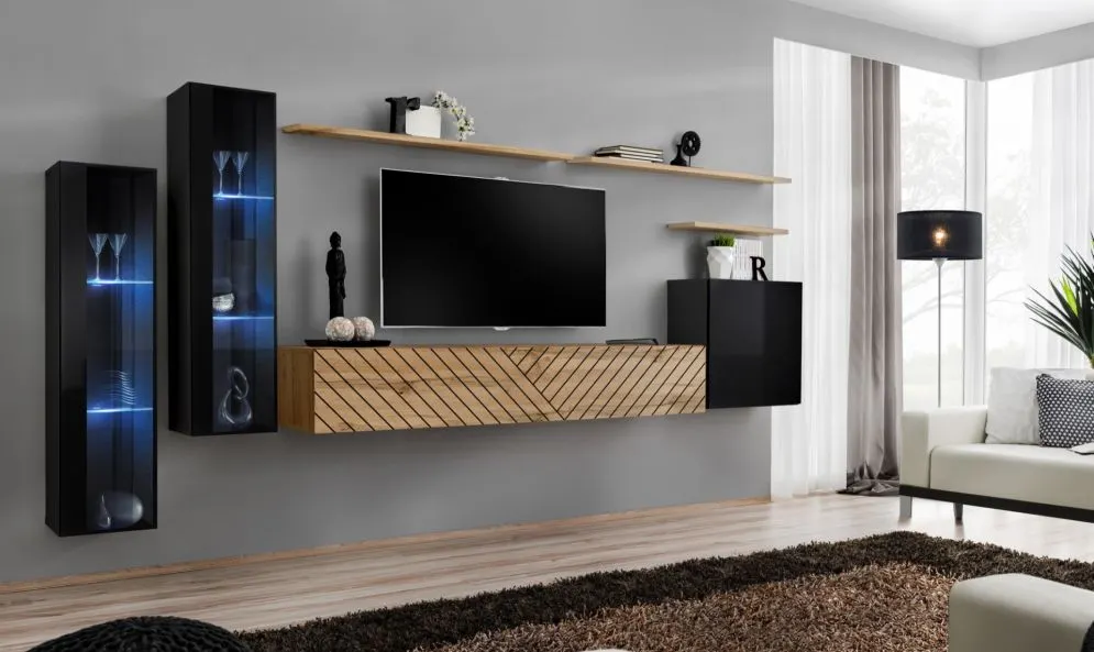Meblościanka SWITCH LAMEL XI czarna/dąb wotan z ryflowanymi frontami I sklep meblowy MIRAT. styl LOFT, RYFLOWANY