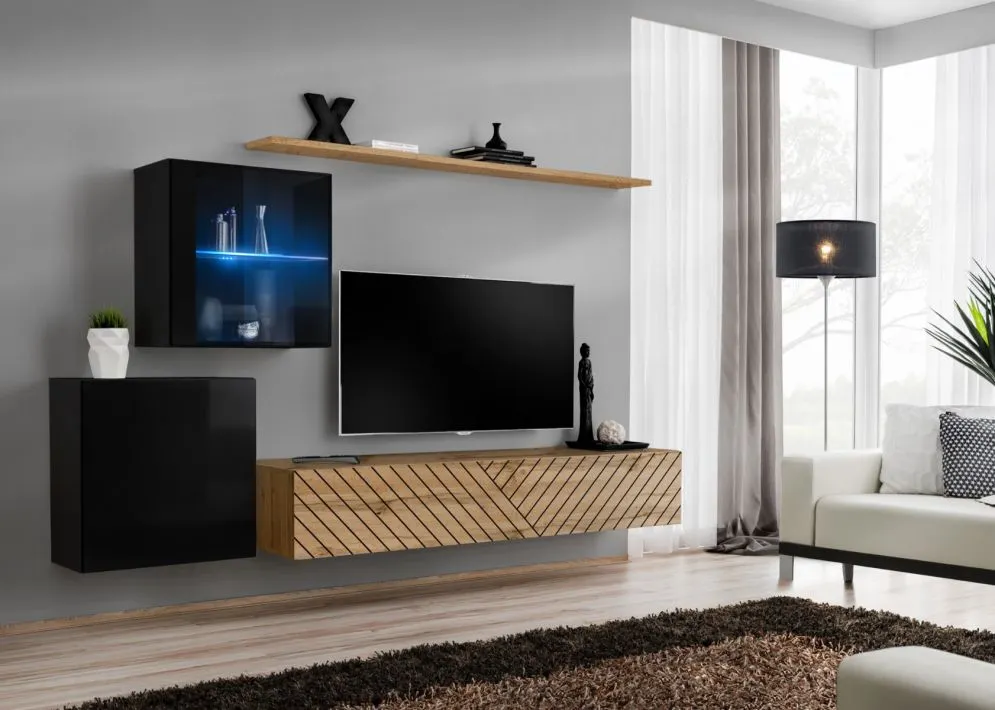 Meblościanka SWITCH LAMEL XV czarna/dąb wotan z oswietleniem LED I sklep meblowy MIRAT. styl RYFLOWANY