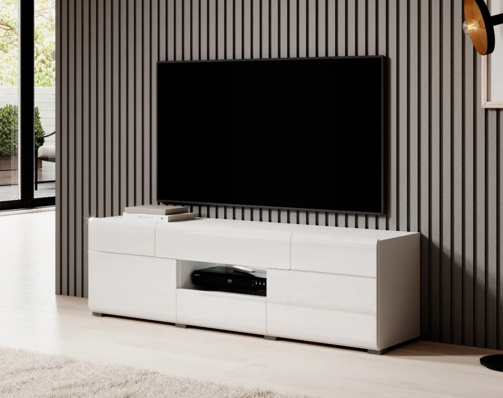 Szafka RTV TOLEDO 2D2S 159 biała połysk HELVETIA | MIRAT. w stylu GLAMOUR kolekcja