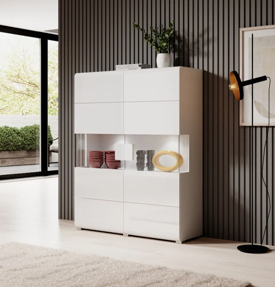 Komoda wysoka TOLEDO 2D 122 biała połysk HELVETIA | MIRAT. w stylu GLAMOUR kolekcja