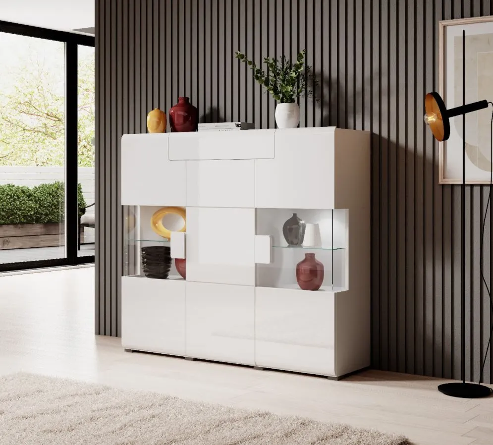 Komoda wysoka TOLEDO 3D1S 147 biała połysk HELVETIA | MIRAT. w stylu GLAMOUR kolekcja