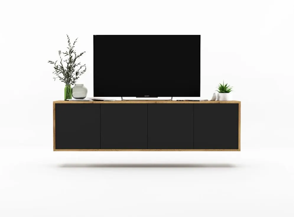 Szafka RTV NILA 4 150 dąb wotan/czarna mat z półkami | MIRAT. styl LOFT kolekcja NILA