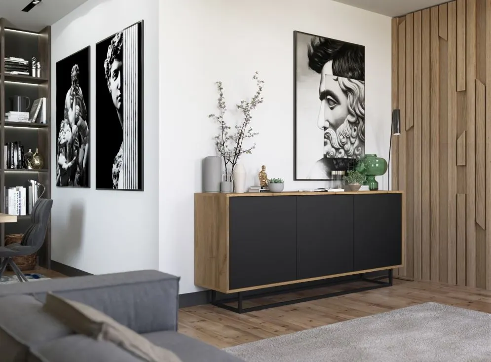 Komoda NILA 3D 168 dąb wotan/czarna mat w stylu loft | MIRAT. styl LOFT kolekcja NILA