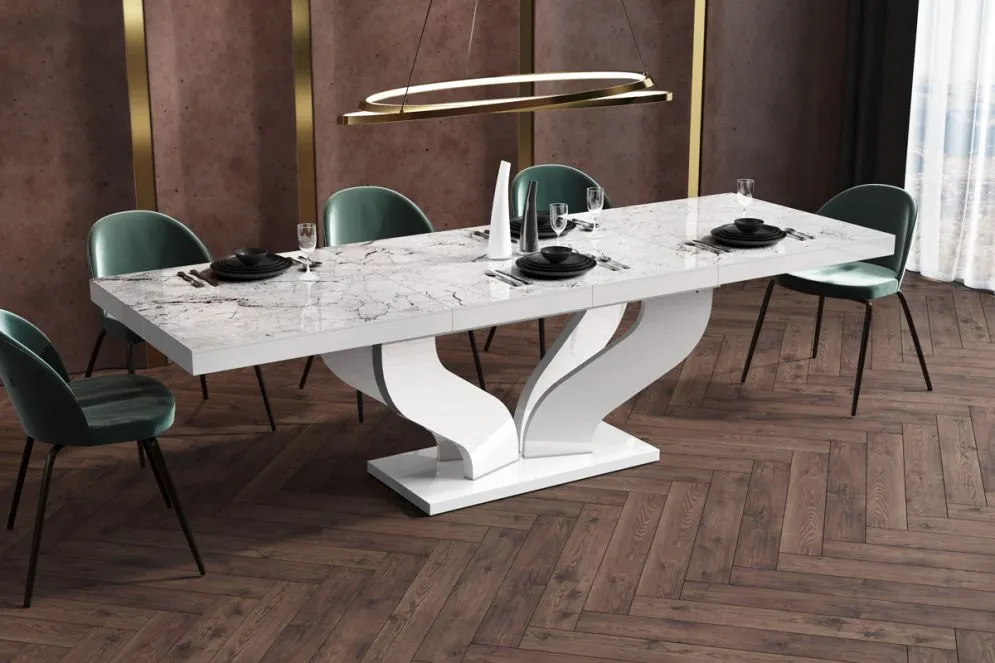 Stół rozkładany VIVA 160(256)x89 biały marmur połysk w stylu glamour | MIRAT.