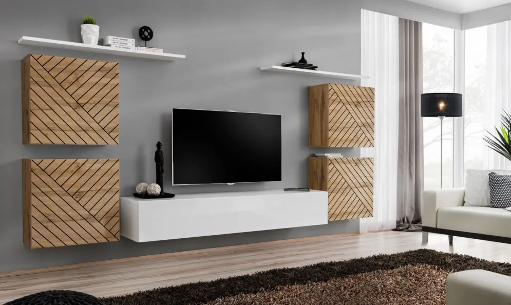 Meblościanka SWITCH LAMEL IV dąb wotan/biała wisząca I sklep meblowy MIRAT. styl RYFLOWANY