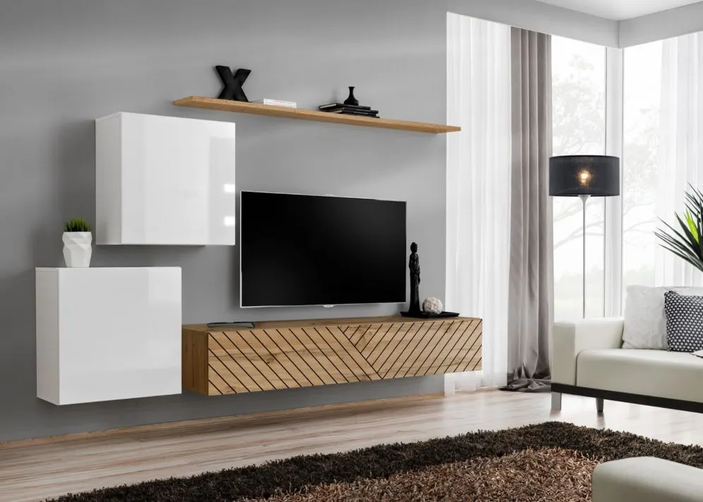 Meblościanka SWITCH LAMEL V biała/dąb wotan designerska I sklep meblowy MIRAT. styl RYFLOWANY