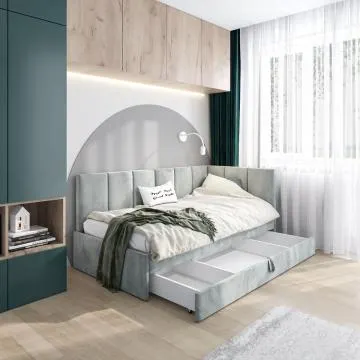 Łóżko młodzieżowe AURA 2 100x200 jasno szare z tapicerowanym panelem L i szufladą