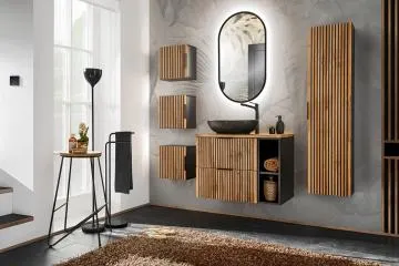 Szafka pod umywalkę nablatową XILO BLACK WOTAN 82 czarna/dąb + regał - zestaw 80 cm z blatem