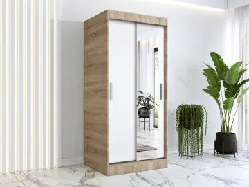 Szafa przesuwna MODUO COMFORT 90 dąb sonoma/biała mat z lustrem po prawej