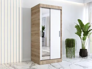 Szafa przesuwna MODUO COMFORT 90 dąb sonoma/biała mat z lustrem po lewej
