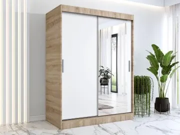 Szafa przesuwna MODUO COMFORT 150 dąb sonoma/biała mat z lustrem po prawej