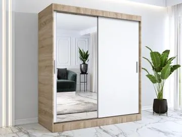 Szafa przesuwna MODUO COMFORT 180 dąb sonoma/biała mat z lustrem po lewej