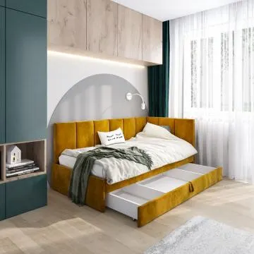 Łóżko młodzieżowe AURA 2 100x200 curry z tapicerowanym panelem L i szufladą