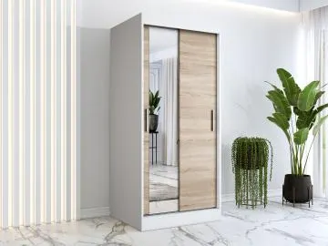 Szafa przesuwna MODUO COMFORT 90 biała mat/dąb sonoma z lustrem po lewej