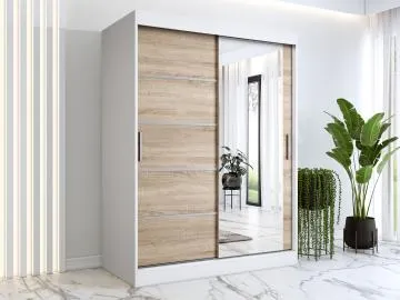 Szafa przesuwna MODUO COMFORT 2 150 biała mat/dąb sonoma z lustrem