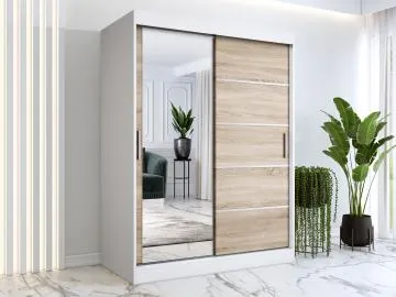 Szafa przesuwna MODUO COMFORT 3 150 biała mat/dąb sonoma z lustrem