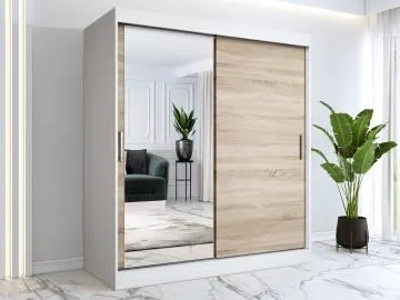 Szafa przesuwna MODUO COMFORT 180 biała mat/dąb sonoma z lustrem po lewej