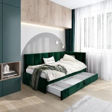 Łóżko młodzieżowe AURA 2 80x200 zielone z tapicerowanym panelem L i szufladą